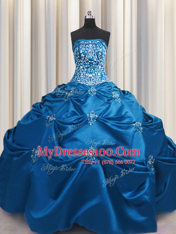 Teal Ball Gowns Strapless Sleeveless Taffeta Floor Length Lace Up Beading and Appliques and Embroidery Ball Gown Prom Dress