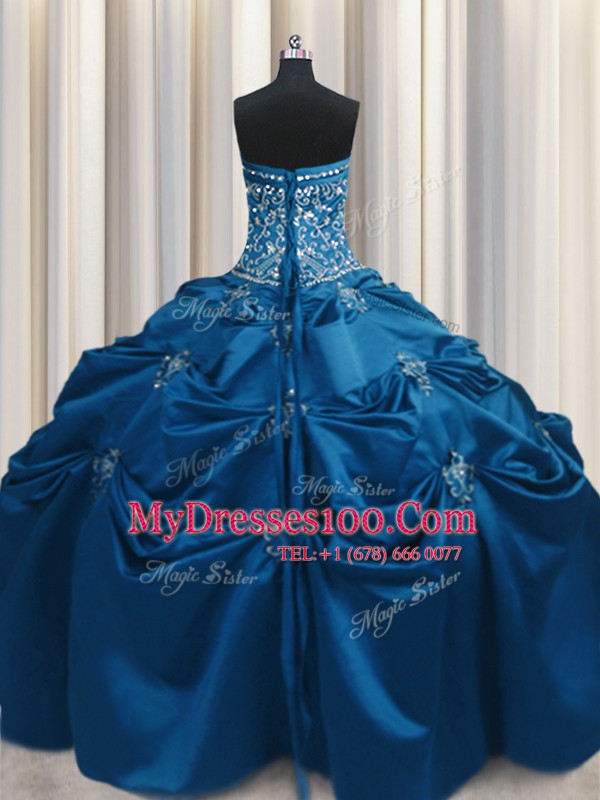 Teal Ball Gowns Strapless Sleeveless Taffeta Floor Length Lace Up Beading and Appliques and Embroidery Ball Gown Prom Dress