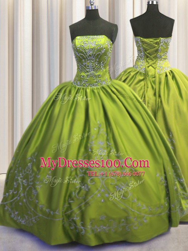 Olive Green Strapless Lace Up Beading and Embroidery Quinceanera Dresses Sleeveless