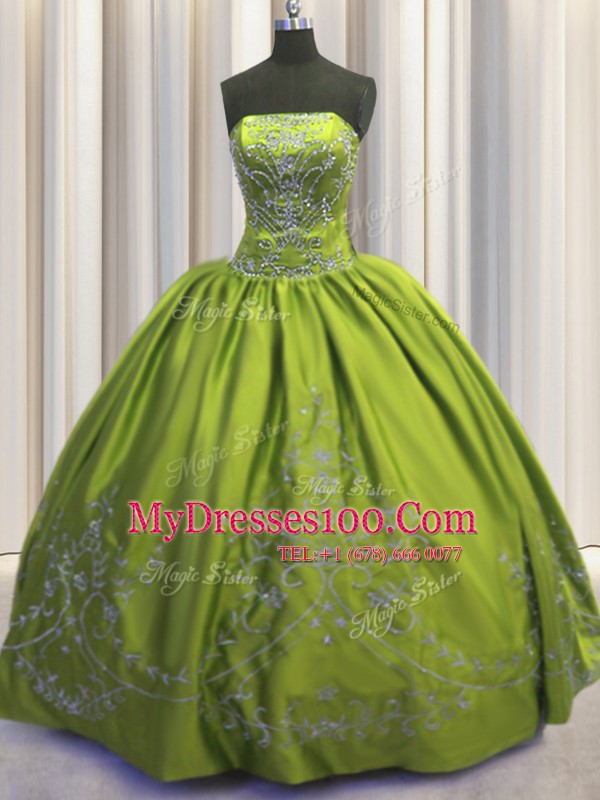 Olive Green Strapless Lace Up Beading and Embroidery Quinceanera Dresses Sleeveless
