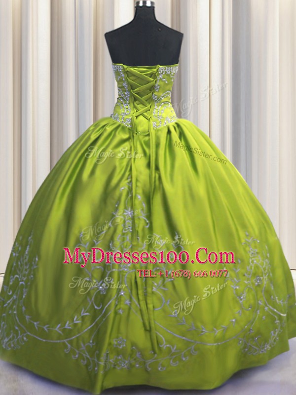 Olive Green Strapless Lace Up Beading and Embroidery Quinceanera Dresses Sleeveless