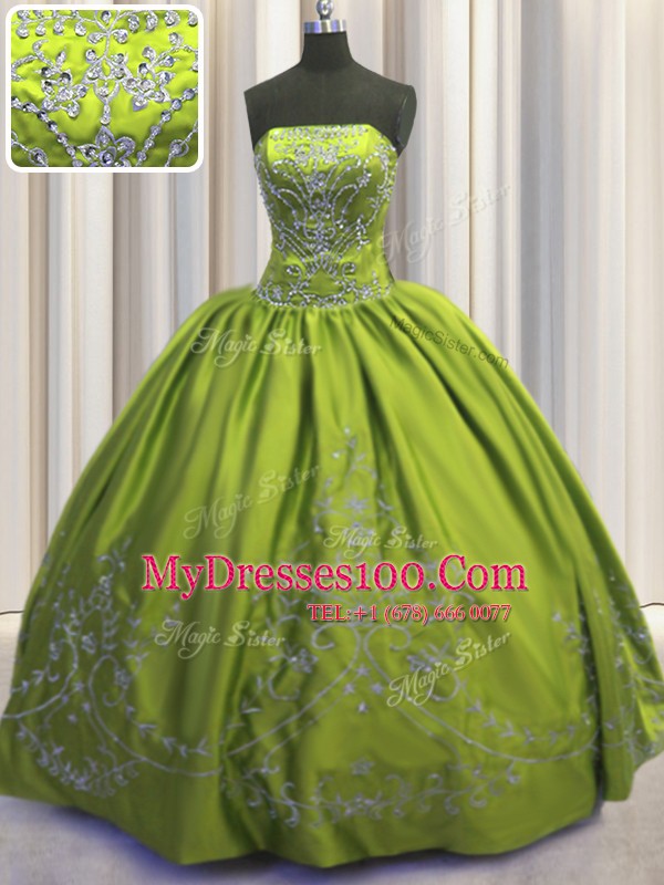 Olive Green Strapless Lace Up Beading and Embroidery Quinceanera Dresses Sleeveless