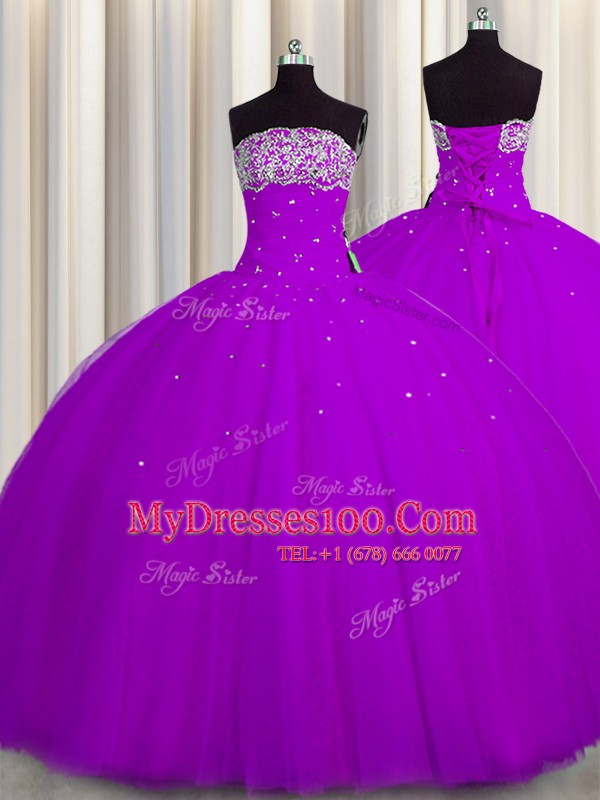 Elegant Really Puffy Sleeveless Floor Length Beading and Sequins Lace Up Quinceanera Gowns with Purple