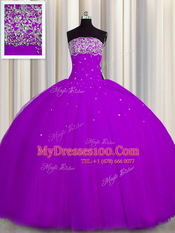 Elegant Really Puffy Sleeveless Floor Length Beading and Sequins Lace Up Quinceanera Gowns with Purple