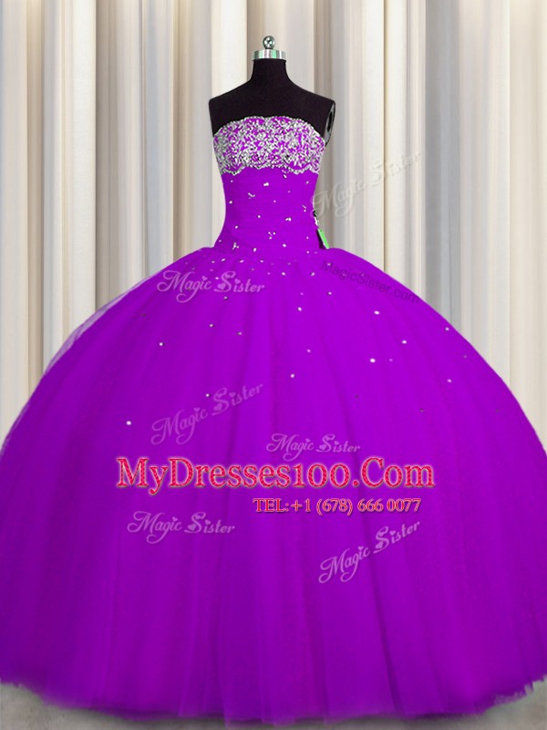Elegant Really Puffy Sleeveless Floor Length Beading and Sequins Lace Up Quinceanera Gowns with Purple