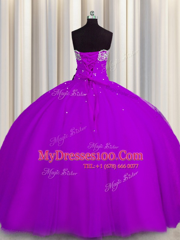 Elegant Really Puffy Sleeveless Floor Length Beading and Sequins Lace Up Quinceanera Gowns with Purple