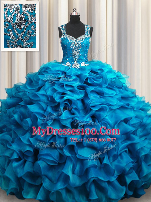 Vintage Zipple Up See Through Back Sleeveless Floor Length Beading and Ruffles Zipper Sweet 16 Dresses with Teal