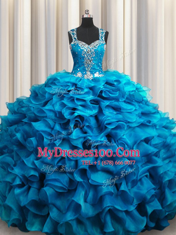 Vintage Zipple Up See Through Back Sleeveless Floor Length Beading and Ruffles Zipper Sweet 16 Dresses with Teal