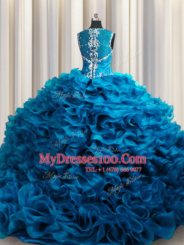 Vintage Zipple Up See Through Back Sleeveless Floor Length Beading and Ruffles Zipper Sweet 16 Dresses with Teal