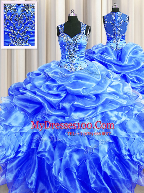 Perfect Zipper Up See Through Back Straps Sleeveless Organza Quinceanera Dresses Beading and Ruffles and Pick Ups Zipper