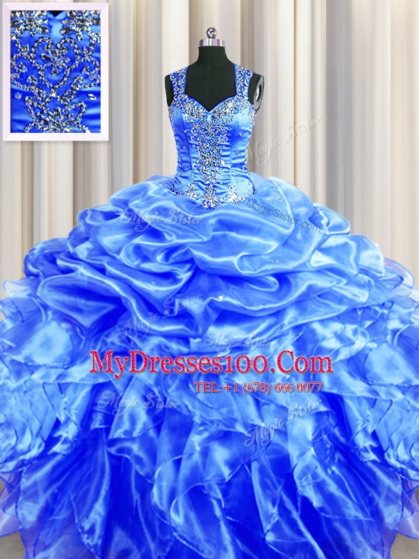 Perfect Zipper Up See Through Back Straps Sleeveless Organza Quinceanera Dresses Beading and Ruffles and Pick Ups Zipper