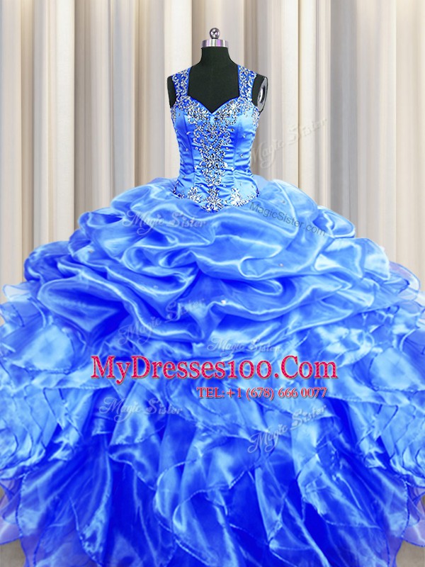 Perfect Zipper Up See Through Back Straps Sleeveless Organza Quinceanera Dresses Beading and Ruffles and Pick Ups Zipper