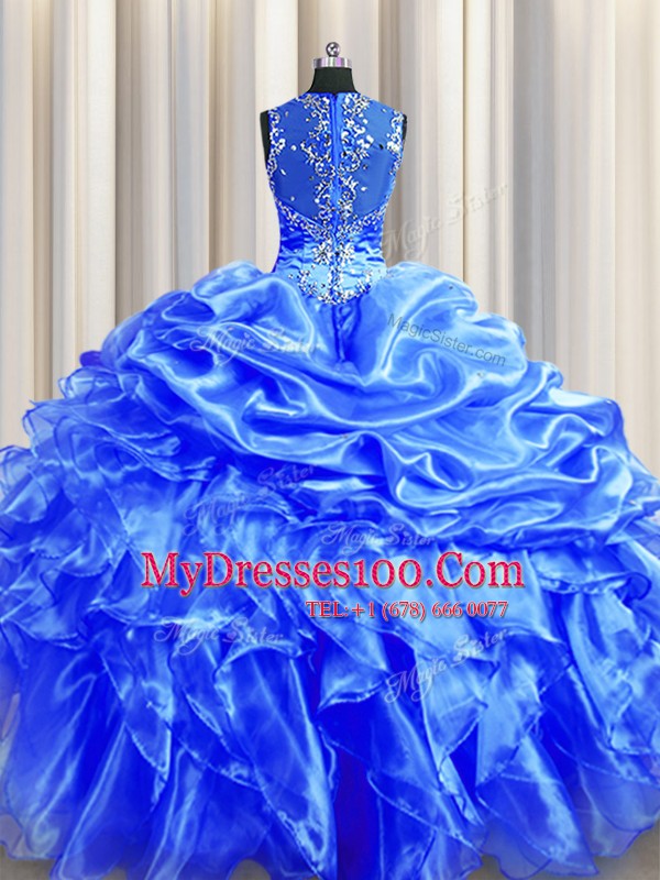 Perfect Zipper Up See Through Back Straps Sleeveless Organza Quinceanera Dresses Beading and Ruffles and Pick Ups Zipper