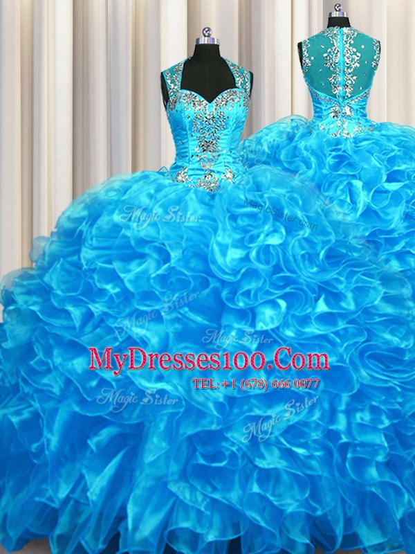 Fashionable Zipper Up See Through Back Sleeveless Beading and Ruffles Zipper Vestidos de Quinceanera