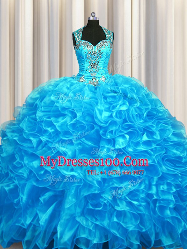 Fashionable Zipper Up See Through Back Sleeveless Beading and Ruffles Zipper Vestidos de Quinceanera
