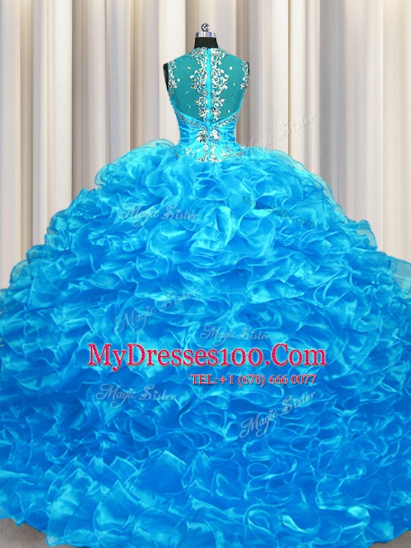 Fashionable Zipper Up See Through Back Sleeveless Beading and Ruffles Zipper Vestidos de Quinceanera