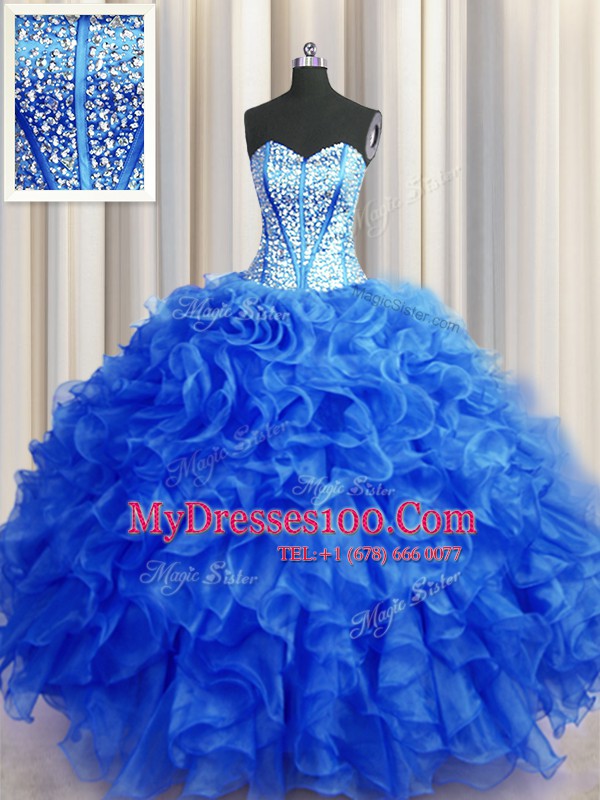 Visible Boning Beaded Bodice Royal Blue Ball Gowns Organza Sweetheart Sleeveless Beading and Ruffles Floor Length Lace Up Quince Ball Gowns
