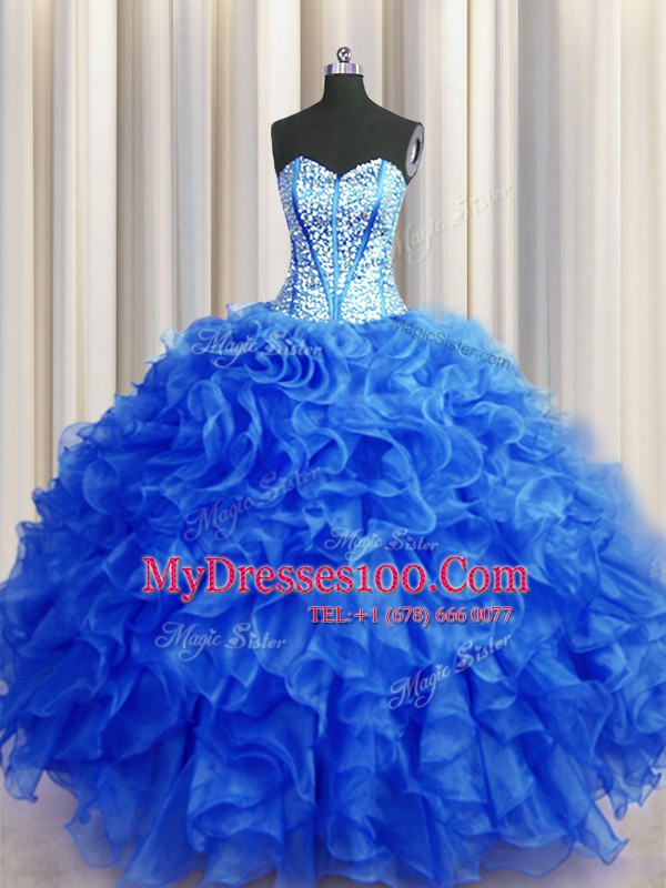 Visible Boning Beaded Bodice Royal Blue Ball Gowns Organza Sweetheart Sleeveless Beading and Ruffles Floor Length Lace Up Quince Ball Gowns