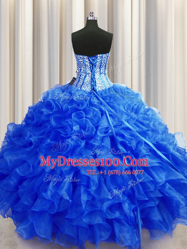 Visible Boning Beaded Bodice Royal Blue Ball Gowns Organza Sweetheart Sleeveless Beading and Ruffles Floor Length Lace Up Quince Ball Gowns