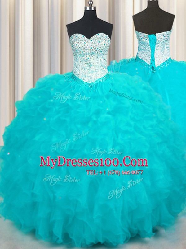 Elegant Beading and Ruffles Quinceanera Dresses Aqua Blue Lace Up Sleeveless Floor Length