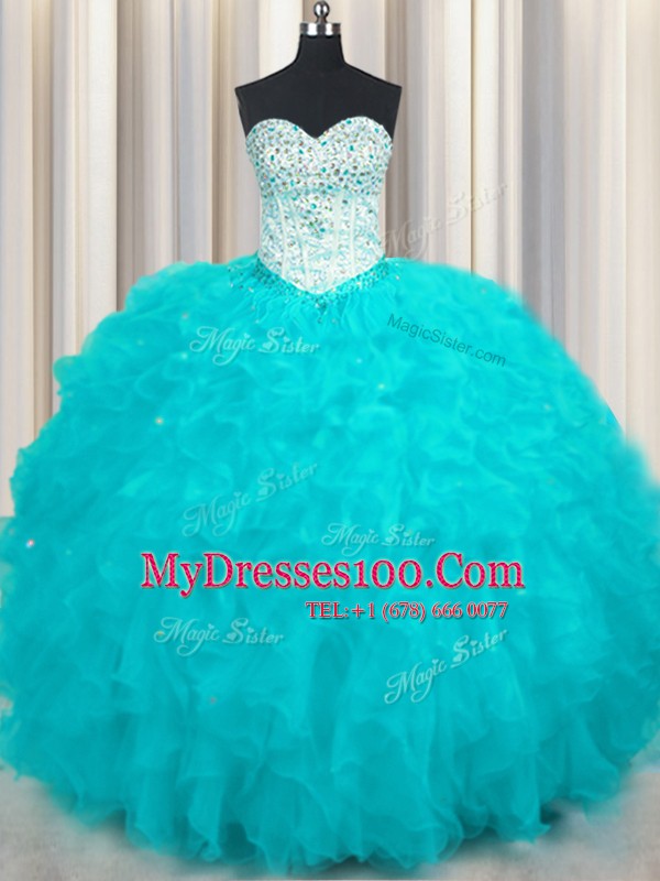 Elegant Beading and Ruffles Quinceanera Dresses Aqua Blue Lace Up Sleeveless Floor Length