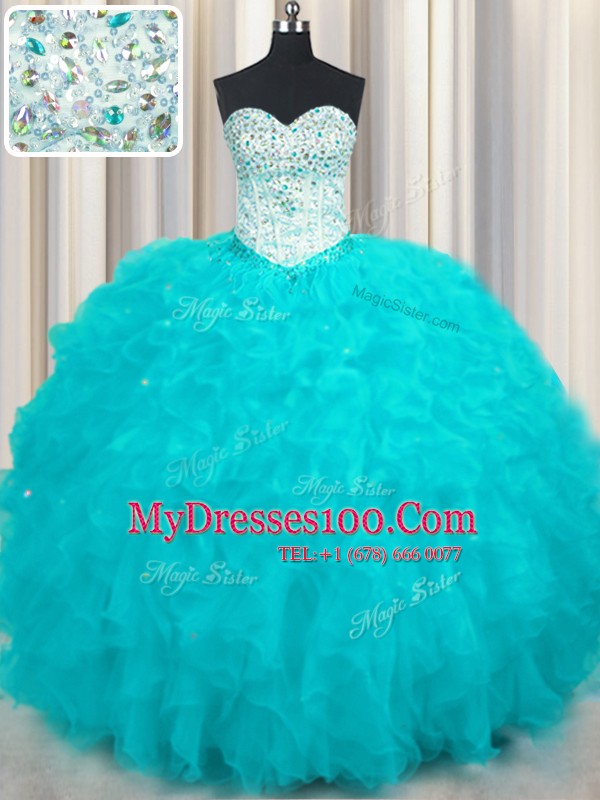 Elegant Beading and Ruffles Quinceanera Dresses Aqua Blue Lace Up Sleeveless Floor Length