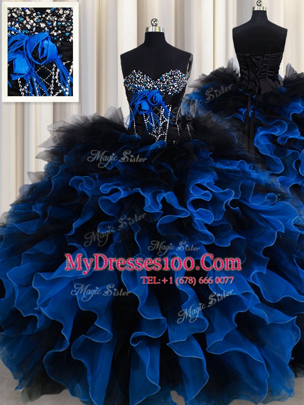Chic Sweetheart Sleeveless Quince Ball Gowns Floor Length Beading and Ruffles Royal Blue Organza and Tulle
