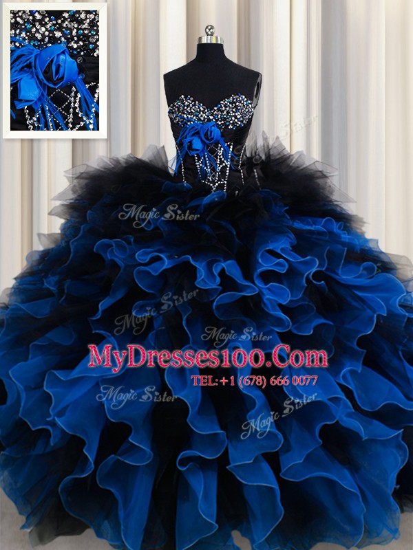 Chic Sweetheart Sleeveless Quince Ball Gowns Floor Length Beading and Ruffles Royal Blue Organza and Tulle