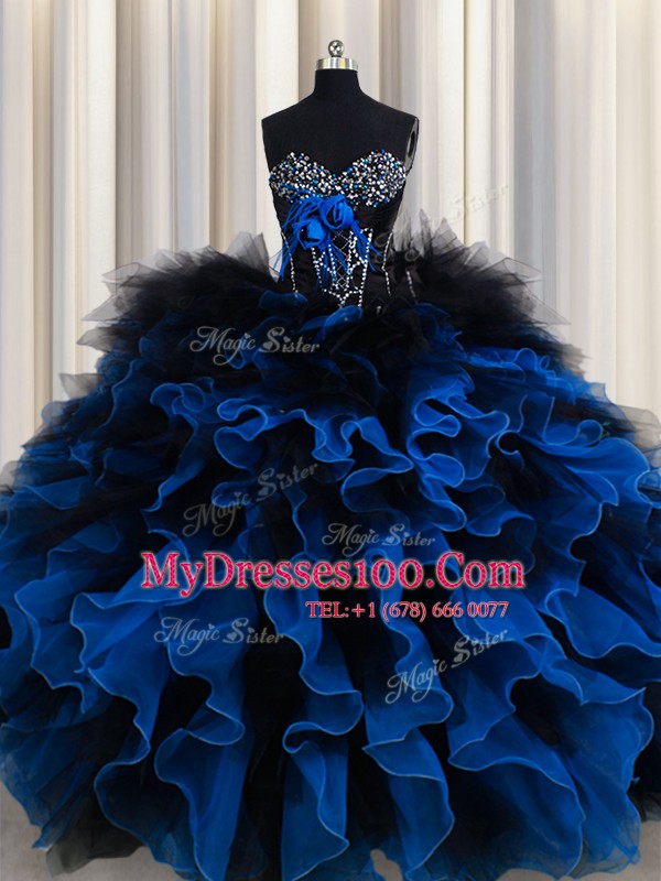 Chic Sweetheart Sleeveless Quince Ball Gowns Floor Length Beading and Ruffles Royal Blue Organza and Tulle