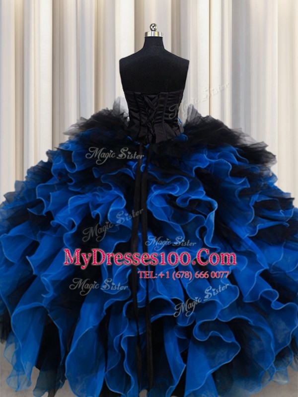 Chic Sweetheart Sleeveless Quince Ball Gowns Floor Length Beading and Ruffles Royal Blue Organza and Tulle