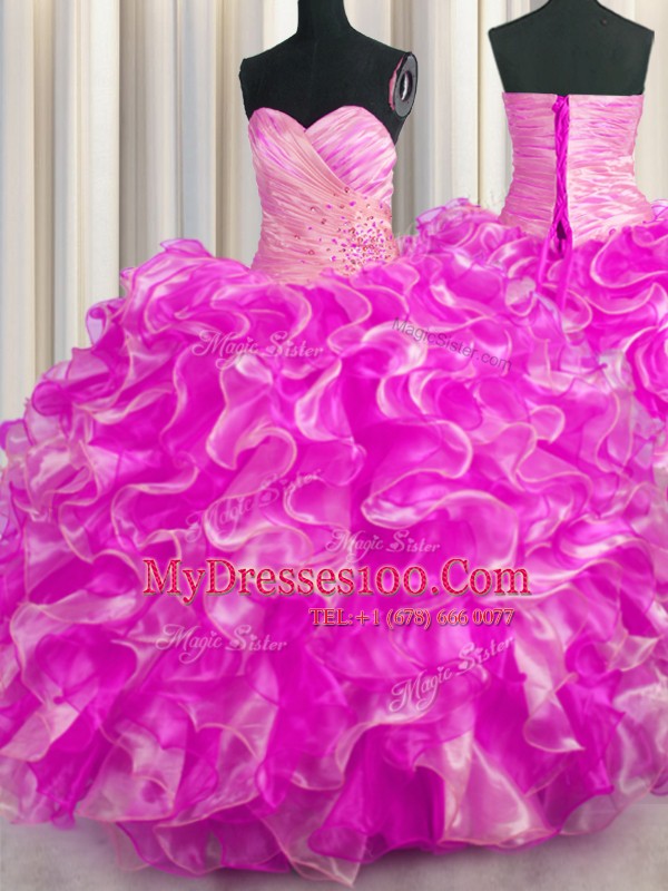 Perfect Floor Length Lace Up Quince Ball Gowns Rose Pink for Military Ball and Sweet 16 and Quinceanera with Beading and Ruffles