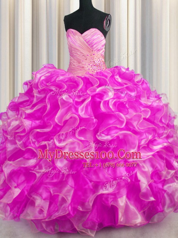 Perfect Floor Length Lace Up Quince Ball Gowns Rose Pink for Military Ball and Sweet 16 and Quinceanera with Beading and Ruffles