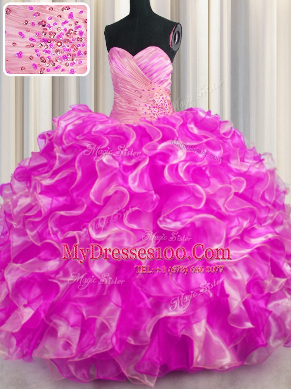 Perfect Floor Length Lace Up Quince Ball Gowns Rose Pink for Military Ball and Sweet 16 and Quinceanera with Beading and Ruffles