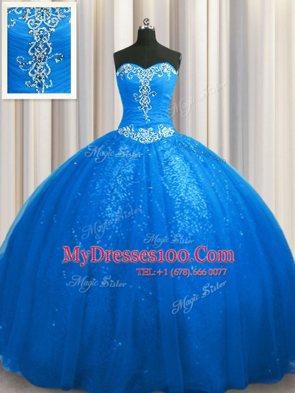 Sequined Blue Sleeveless Court Train Beading and Appliques With Train Sweet 16 Dress