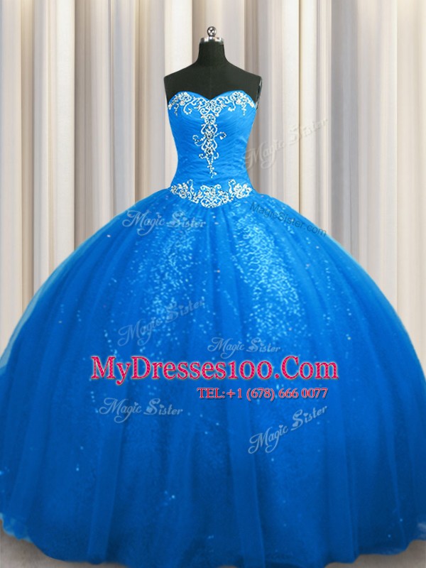Sequined Blue Sleeveless Court Train Beading and Appliques With Train Sweet 16 Dress