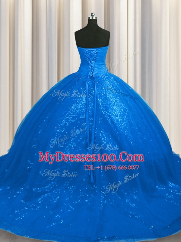 Sequined Blue Sleeveless Court Train Beading and Appliques With Train Sweet 16 Dress