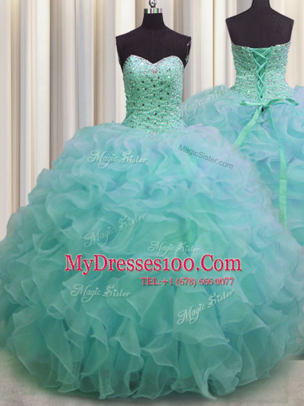 Sleeveless Floor Length Beading and Ruffles Lace Up Quinceanera Dress with Green