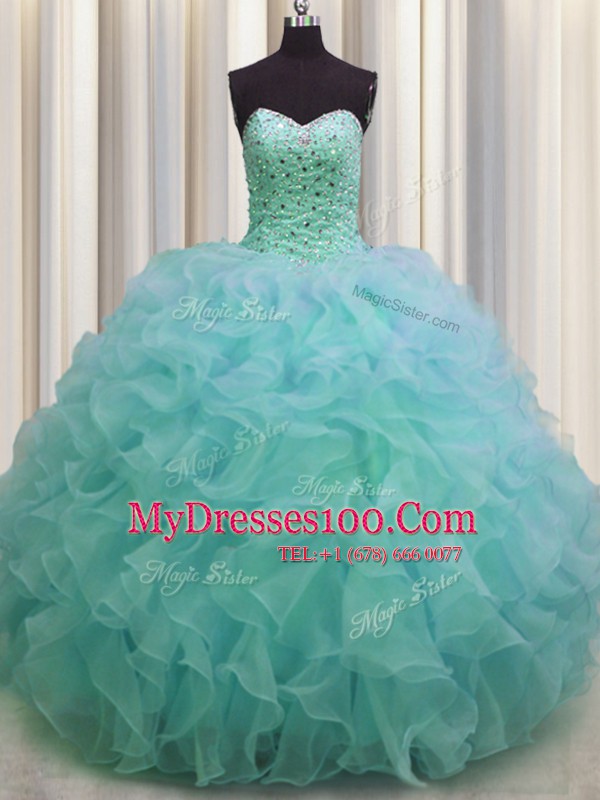 Sleeveless Floor Length Beading and Ruffles Lace Up Quinceanera Dress with Green
