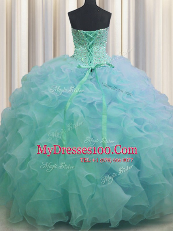 Sleeveless Floor Length Beading and Ruffles Lace Up Quinceanera Dress with Green