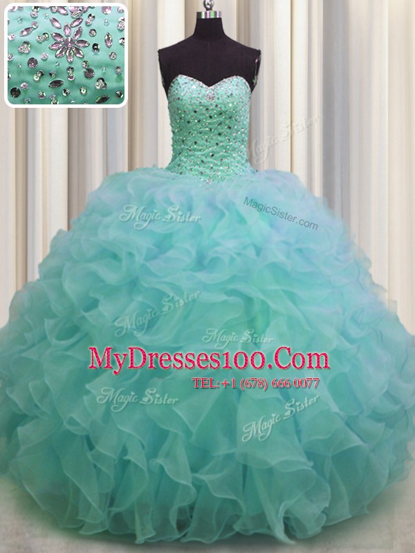 Sleeveless Floor Length Beading and Ruffles Lace Up Quinceanera Dress with Green