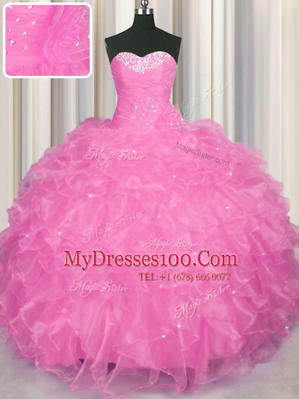 Fancy Sleeveless Floor Length Beading and Ruffles Lace Up Quinceanera Dress with Rose Pink