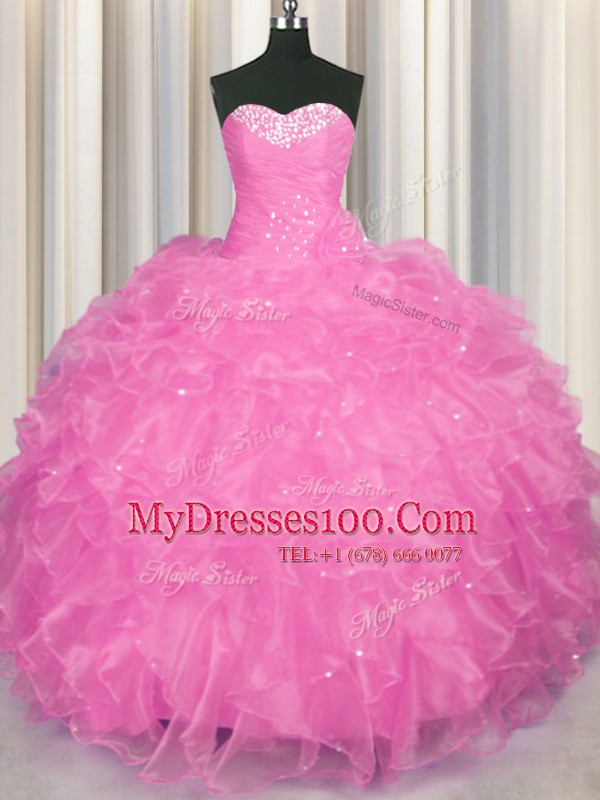 Fancy Sleeveless Floor Length Beading and Ruffles Lace Up Quinceanera Dress with Rose Pink