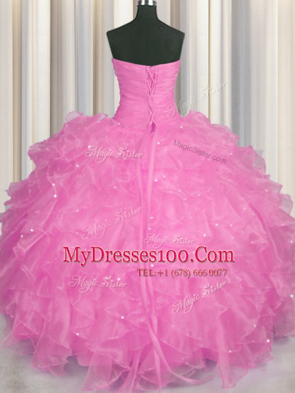 Fancy Sleeveless Floor Length Beading and Ruffles Lace Up Quinceanera Dress with Rose Pink