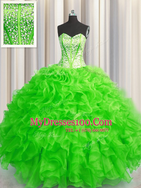 Visible Boning Beaded Bodice Organza Lace Up Sweet 16 Dresses Sleeveless Floor Length Beading and Ruffles
