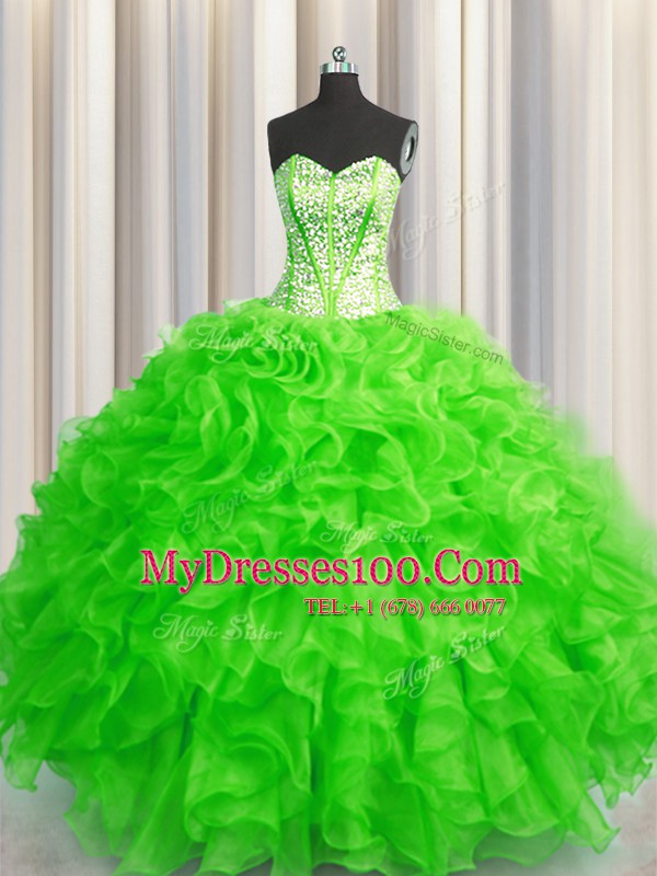 Visible Boning Beaded Bodice Organza Lace Up Sweet 16 Dresses Sleeveless Floor Length Beading and Ruffles