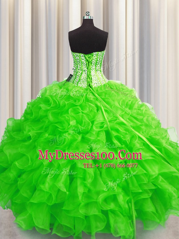Visible Boning Beaded Bodice Organza Lace Up Sweet 16 Dresses Sleeveless Floor Length Beading and Ruffles