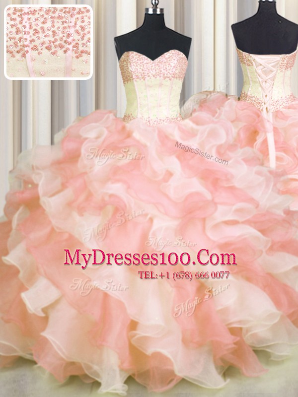 Popular Visible Boning Two Tone Ball Gowns Quinceanera Dresses Multi-color Sweetheart Organza Sleeveless Floor Length Lace Up