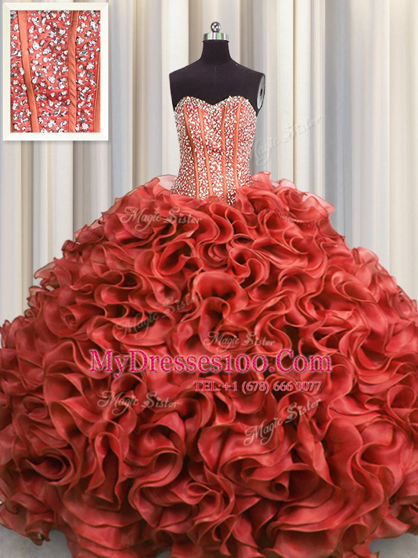 Visible Boning Sweetheart Sleeveless Organza Ball Gown Prom Dress Beading and Ruffles Lace Up