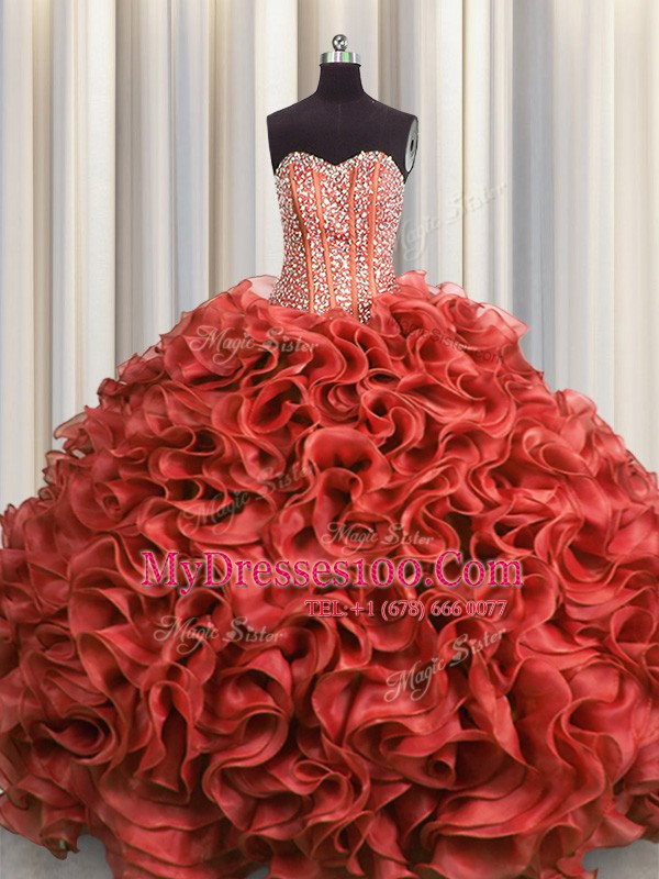 Visible Boning Sweetheart Sleeveless Organza Ball Gown Prom Dress Beading and Ruffles Lace Up