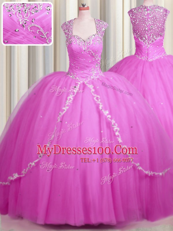 New Style See Through Hot Pink Sweetheart Zipper Beading and Appliques Quinceanera Gowns Brush Train Cap Sleeves